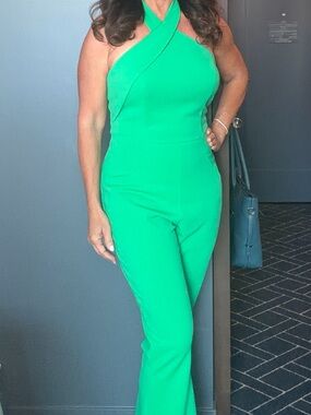 Laura Ashley Crisscross Halter Jumpsuit in Emerald Green